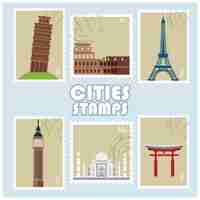 Free vector cities stamp with famous world landmarks