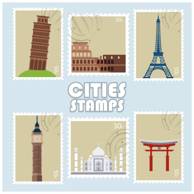 Free Vector cities stamp with famous world landmarks