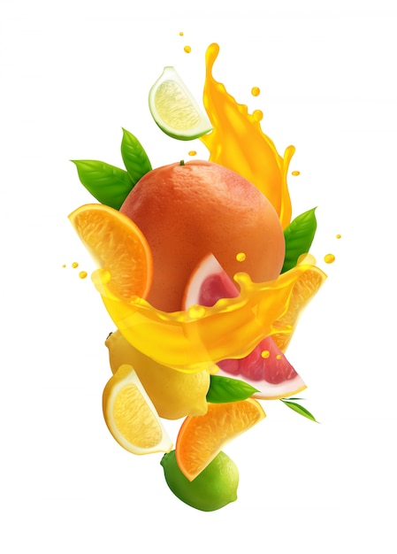 Citrus juice colored composition with realistic fresh fruits and splash of juice on white background