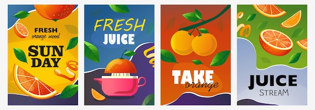 감귤류 포스터 세트. 전체 및 잘라 과일, 오렌지 나무 가지 벡터 일러스트 텍스트. 신선한 바 전단지 및 브로셔 디자인을위한 음식 및 음료 개념