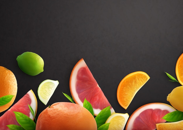 Citrus realistic black background with whole fruits and slices of fresh orange lemon and grapefruit