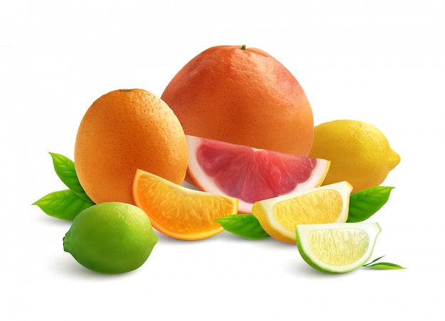 グレープフルーツのライムオレンジと白い背景の上のレモンのスライスと柑橘類の現実的な色の組成