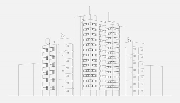 Городской жилой дом с башней и небоскребом линейный эскиз векторная иллюстрация