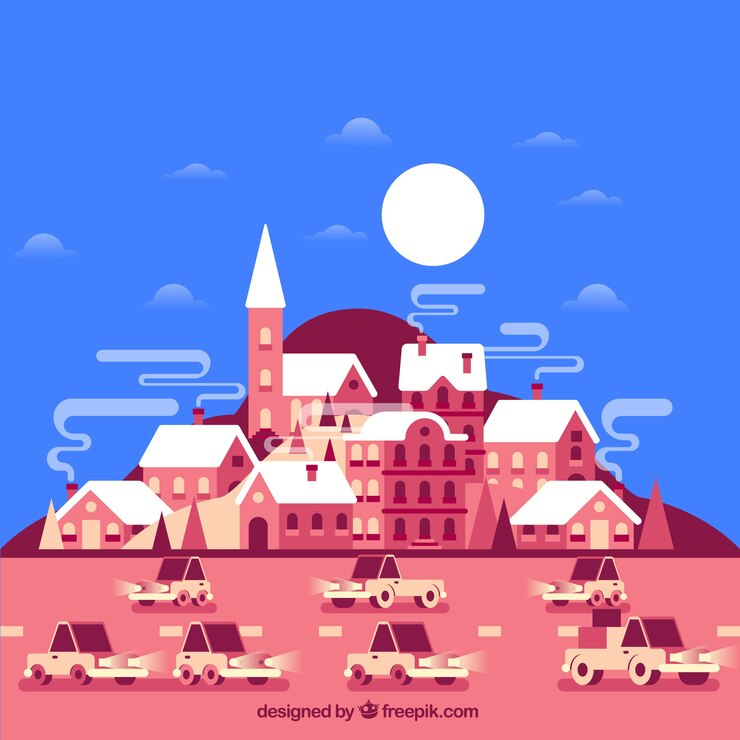 무료 Vector 평면 디자인에 자동차와 도시 배경