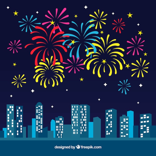 Free vector city background with colorful fireworks