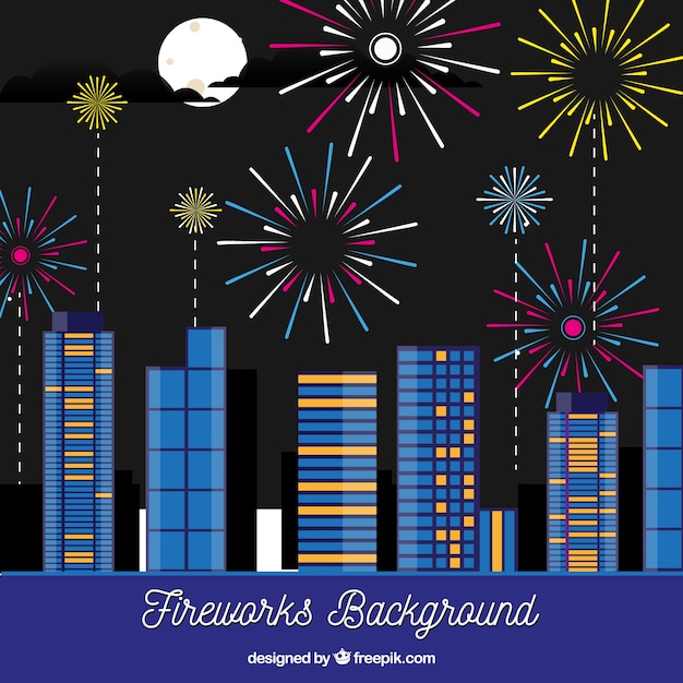 Free vector city background with fireworks