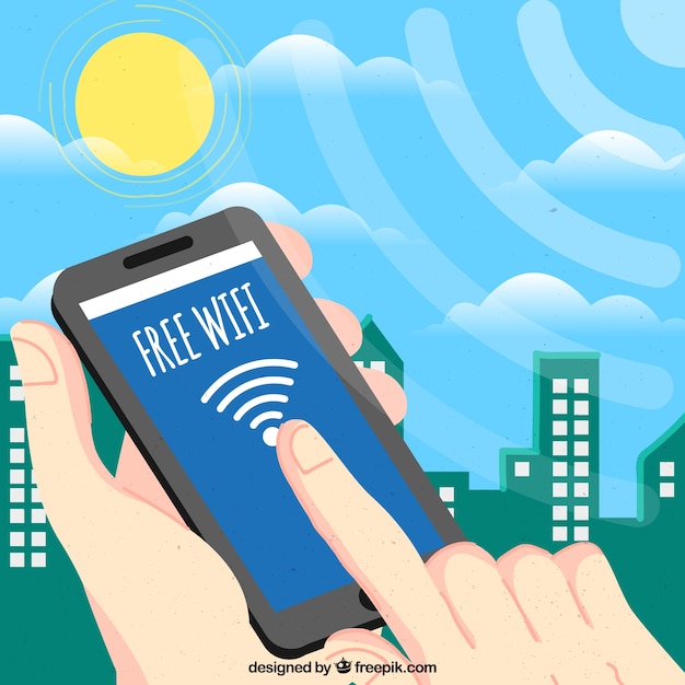 Free vector city background with mobile phone and wifi signal