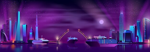 City bay with drawbridge cartoon vector background