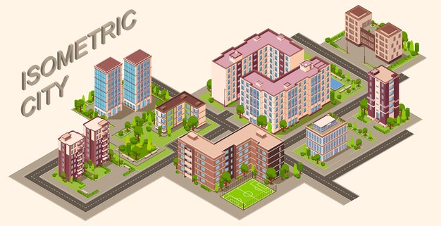 3d 텍스트가 있는 도시 건물 아이소메트릭 구성 및 현대 주택 벡터 삽화가 있는 도시 지역의 격리된 보기