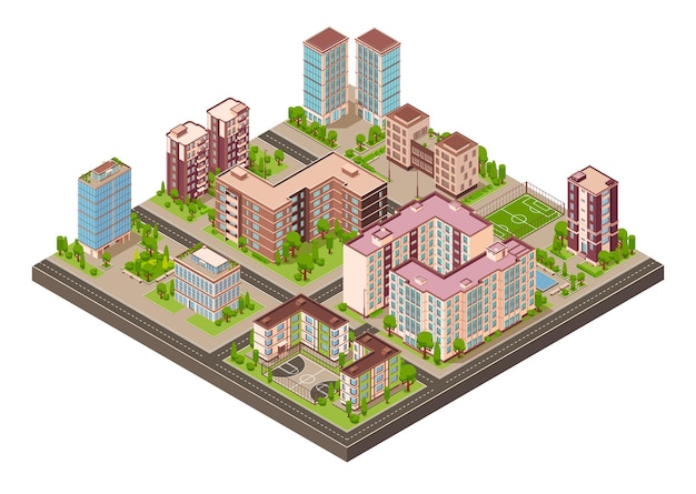 무료 벡터 거리와 현대 주거용 주택 벡터 삽화가 있는 지구 블록의 고립된 전망을 가진 도시 건물 아이소메트릭 구성