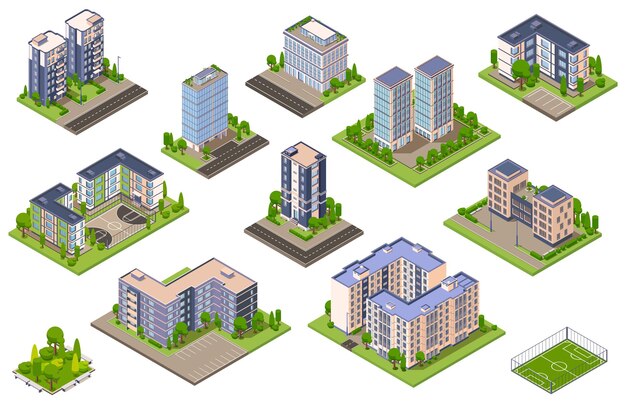 Городские здания изометрический набор перекрашенных изображений с изолированными городскими кварталами и современными жилыми домами векторная иллюстрация