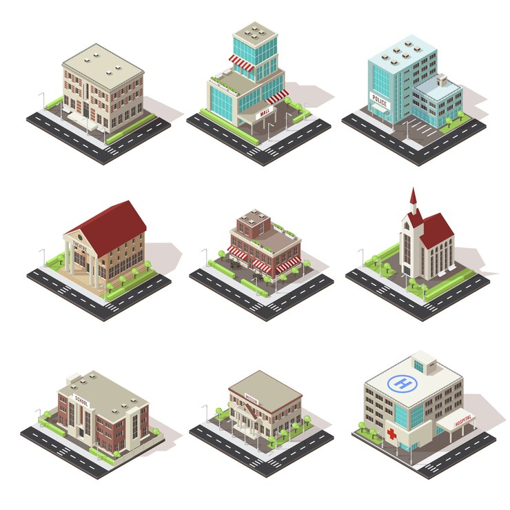 Free Vector city buildings and roads isometric icons set