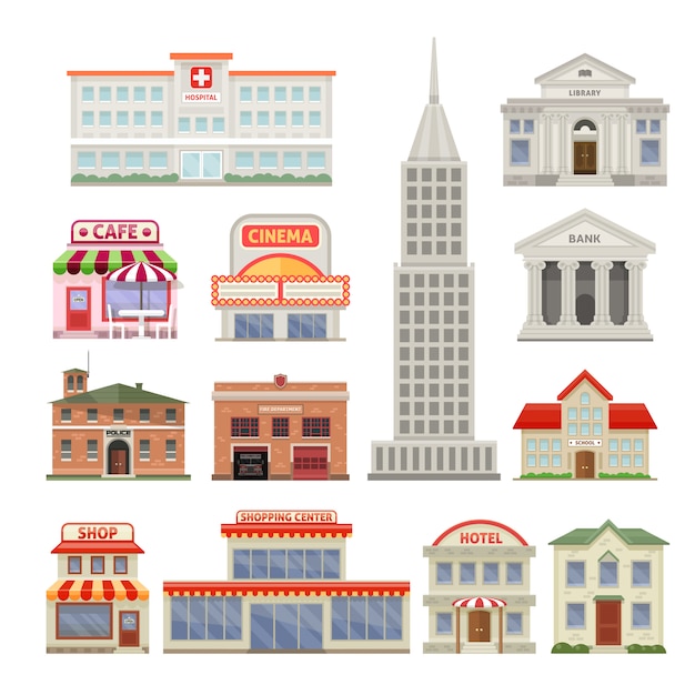 Городские здания с административными и жилыми постройками отеля кафе и кинотеатр изолированных векторная иллюстрация