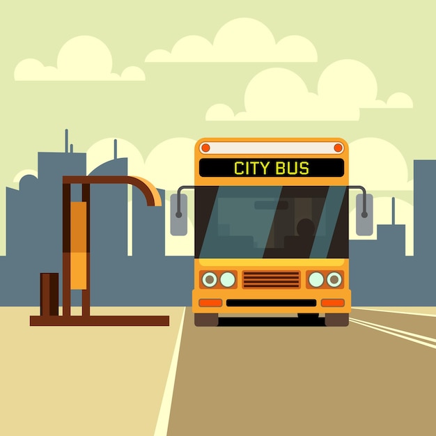 City bus at bus stop and urban skyline in flat style.