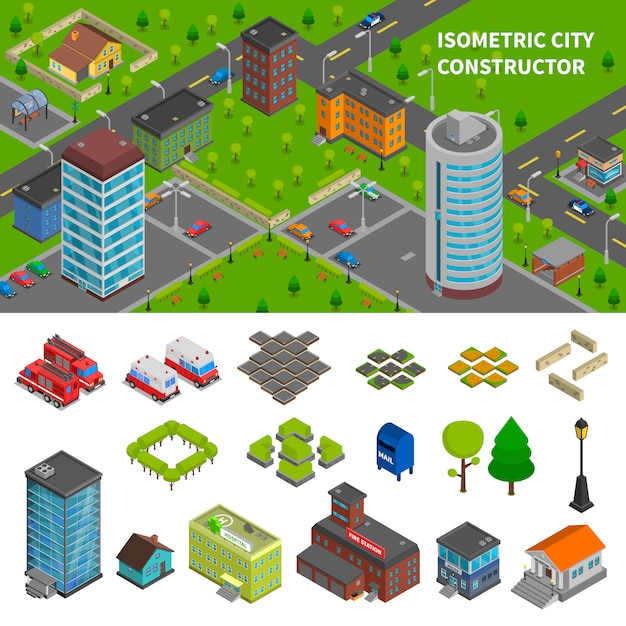 Free vector city constructor isometric banners