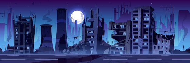 City destroy in war, abandoned buildings at night.