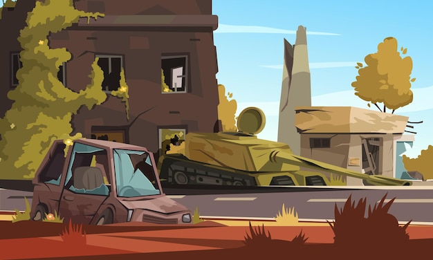 City destroy in war zone with damaged building burned car and military tank on street cartoon