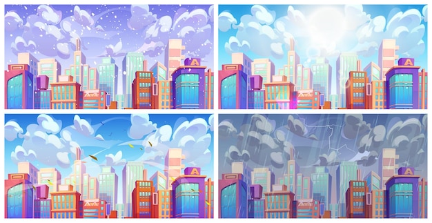 Бесплатное векторное изображение Городской пейзаж с современным небоскребом
