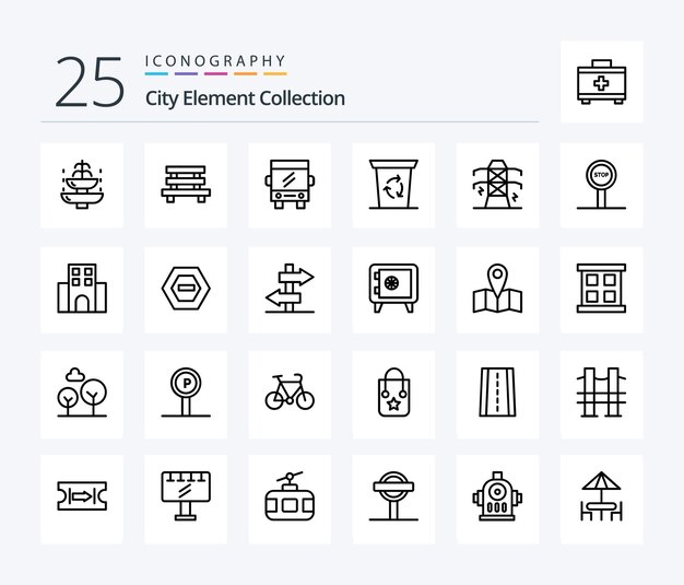 Коллекция City Element Collection 25 Line icon pack, включая транспортный городской автобус