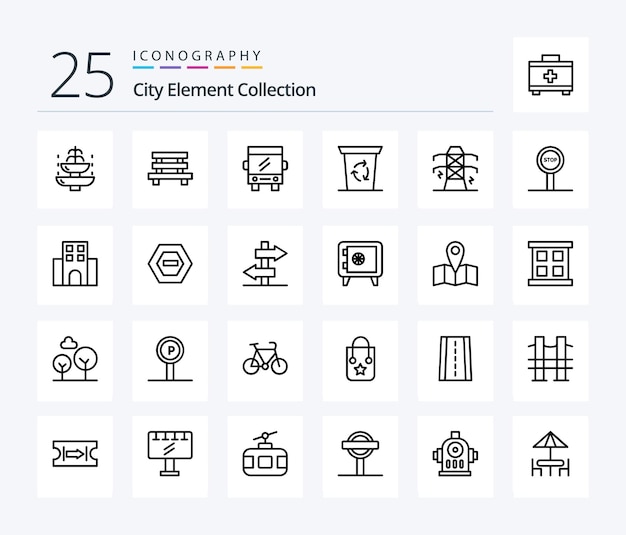 Коллекция City Element Collection 25 Line icon pack, включая транспортный городской автобус
