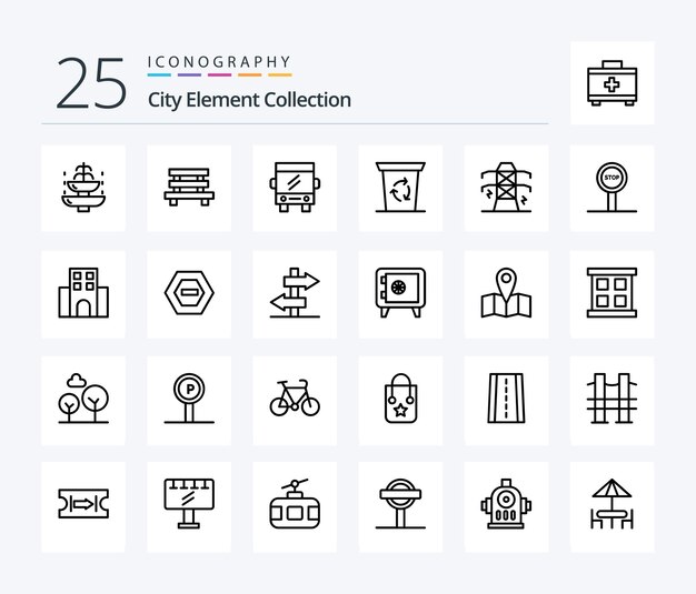 都市要素コレクション 25 行のアイコン パックには、交通機関の市バスが含まれます