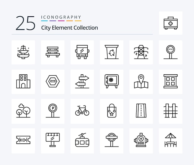 City Element Collection 교통 시내 버스를 포함한 25 라인 아이콘 팩