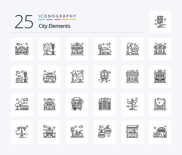 City Elements 25 Line icon pack including moon house coffee house home parking