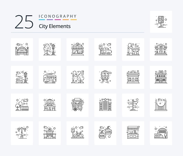 City Elements 25 Line icon pack including moon house coffee house home parking