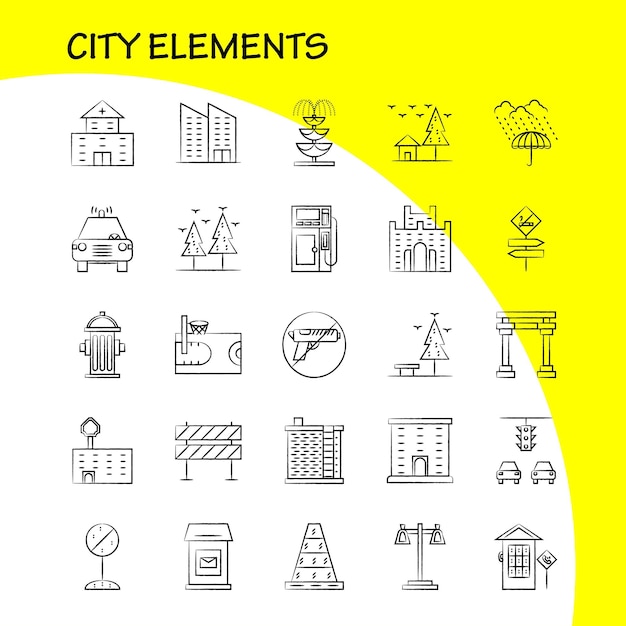 Free vector city elements hand drawn icons set for infographics mobile uxui kit and print design include car vehicle travel transport swing kids parks play eps 10 vector