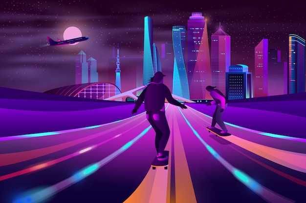 City Extreme Sports Neon Cartoon – Free Vector Template Download