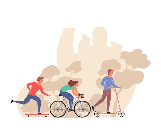 City flat composition with cityscape silhouettes of park trees and people riding bike scooter and skate vector illustration