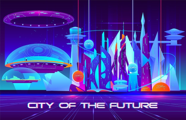 city of future cartoon  banner. futuristic architecture skyscrapers buildings fluorescent
