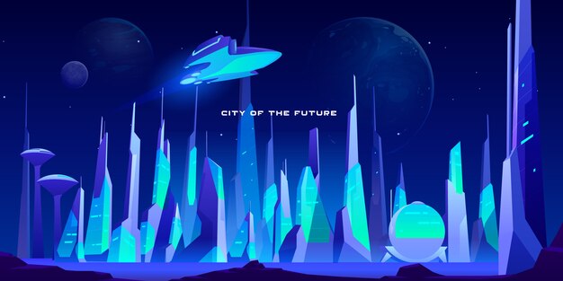 City future at night in neon lights illustration