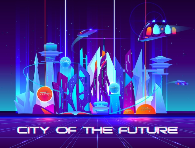 City of future at night with vibrant neon lights and shining spheres.