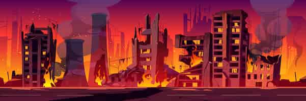 Бесплатное векторное изображение Город в огне, война разрушает горящие разрушенные здания