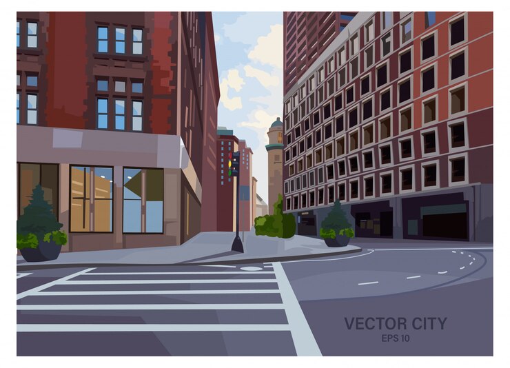 免費 Vector 城市十字路口的組成,有交通燈和行人十字路口