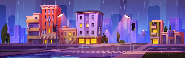 Free vector city landscape with houses and crossroad in rain