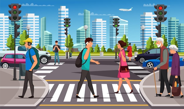 City life crosswalk with traffic lights car pedestrian crossing
road over urban background young man and woman teenager elderly
couple businessman with phone moving by road