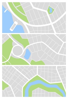 Набор карт города. улицы города с зеленой линией парка и реки. городские планы навигации gps, абстрактный городской транспорт в векторе. составление городских дорожных карт. текстура городских узоров