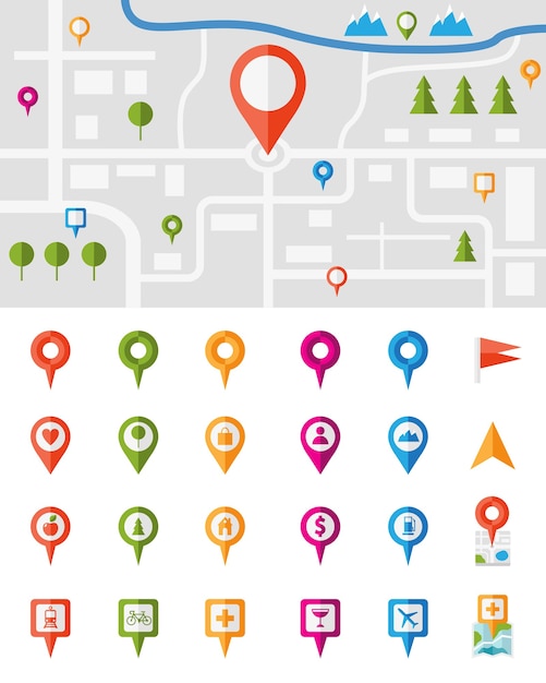 Карта города с большим набором красочных булавок-указателей, на каждой из которых изображена разная векторная инфографика