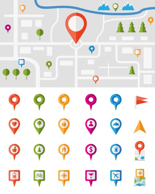 City map with a large set of colorful pin pointers each showing a different vector infographic