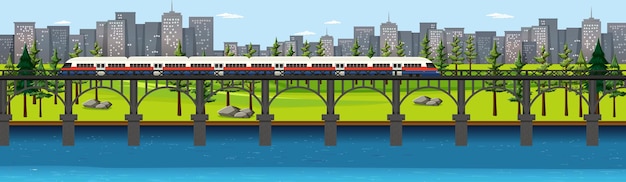 スカイラインの風景のシーンで電車と都市自然公園