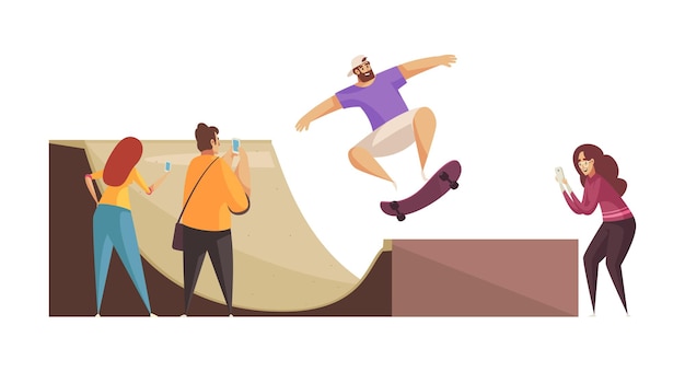 쿼터 파이프 벡터 삽화에서 점프하는 남자를 지켜보는 젊은 스케이트보더 그룹과 함께 도시 공원 구성