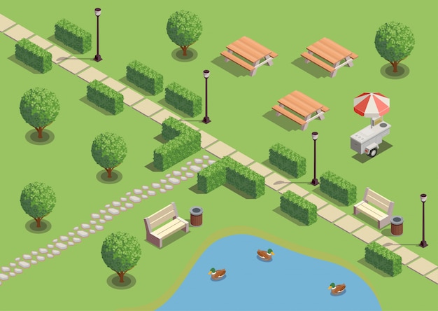 City park recreation area isometric compositions with path pond ducks outdoor furniture lanterns snack vendors 