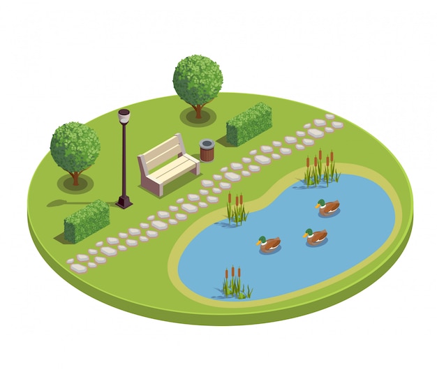 City park recreational area round isometric element with bench trees bushes pond plants reeds ducklings illustration