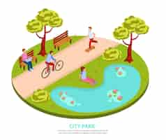 Free vector city park round isometric composition with people skateboarding cycling working on laptop sitting by pond