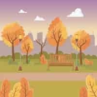 Free vector city park scene with lanterns and chair