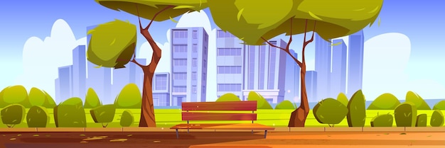 Free vector city park or sidewalk with bench and green trees on cityscape summer background. scenery landscape, empty public place for walking and recreation, urban garden with pathway cartoon vector illustration