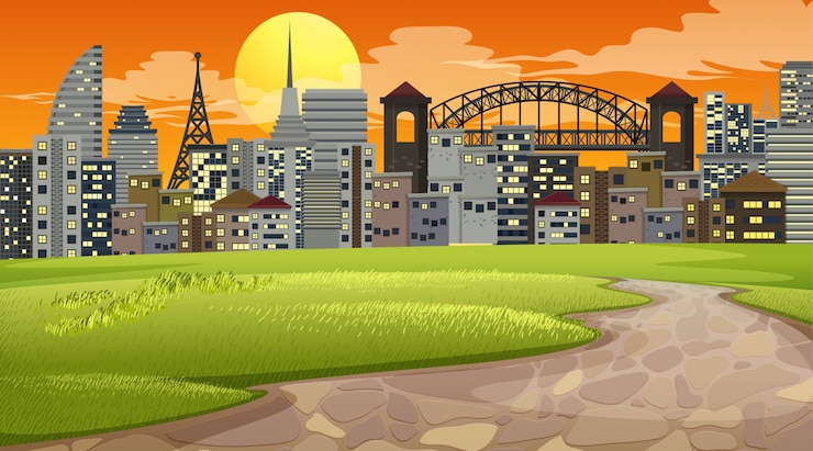 Free Vector city park sunset scene or background