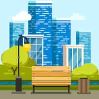 Бесплатное векторное изображение Городской парк со скамейкой и небоскребами в центре города